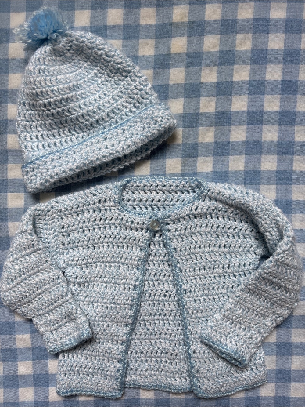Handmade Light Blue Crochet Baby Cardigan & Pom Pom Hat